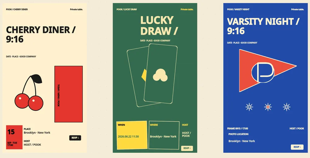 Three POOK invitation templates — Cherry Diner, Lucky Draw and Varsity Night — showing the editable poster artwork behind every POOK invitation.