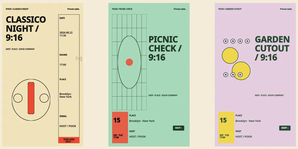 Three calm POOK invitation templates suited to a housewarming — Clásico Night, Picnic Check and Garden Cutout — each with room for the date, place, host and RSVP.