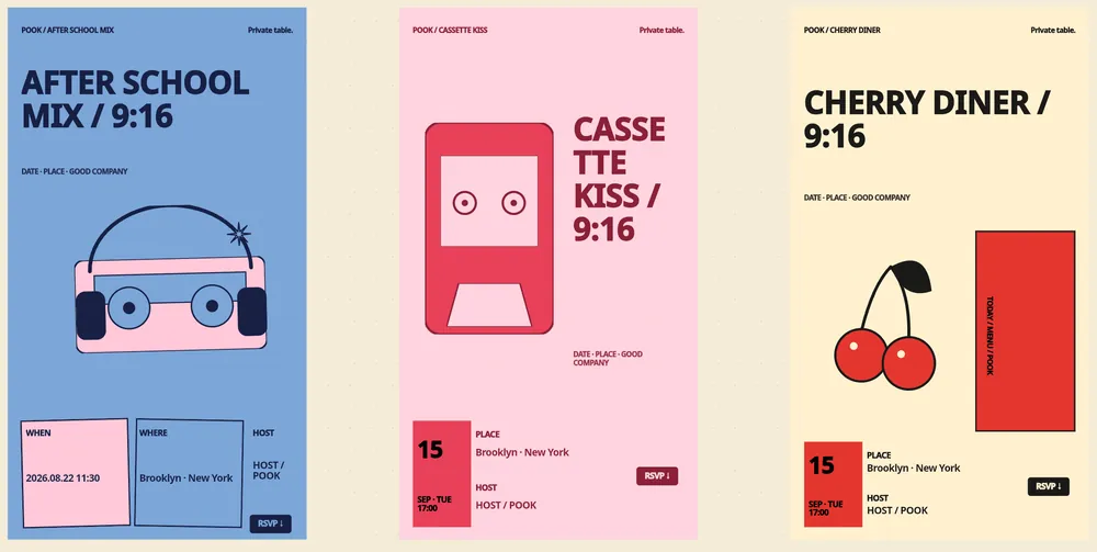 Three published POOK invitations — After School Mix, Cassette Kiss and Cherry Diner — each a web page with the date, place, host and an RSVP button guests tap without installing anything.