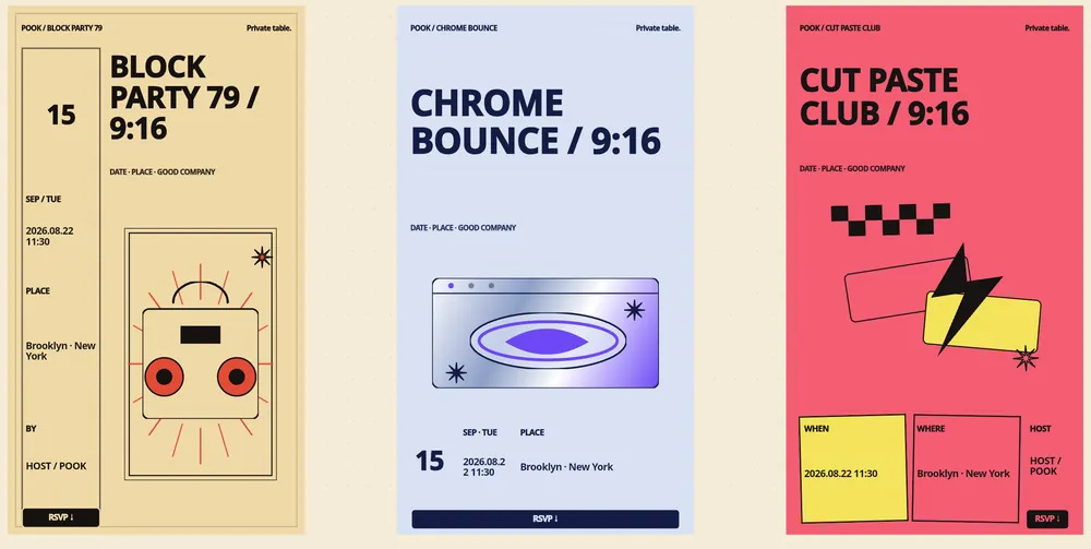 Three POOK invitations — Block Party 79, Chrome Bounce and Cut Paste Club — each ending in the RSVP button a guest answers from the invitation itself.